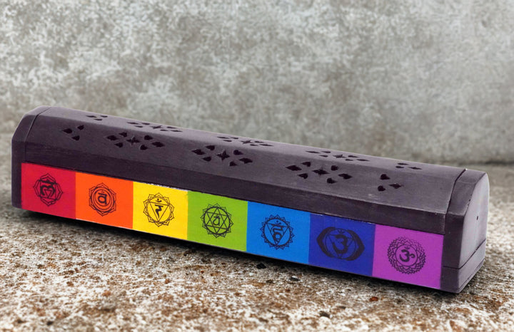 7 Chakra Mango Wood Incense Burner & Storage Box – 12"