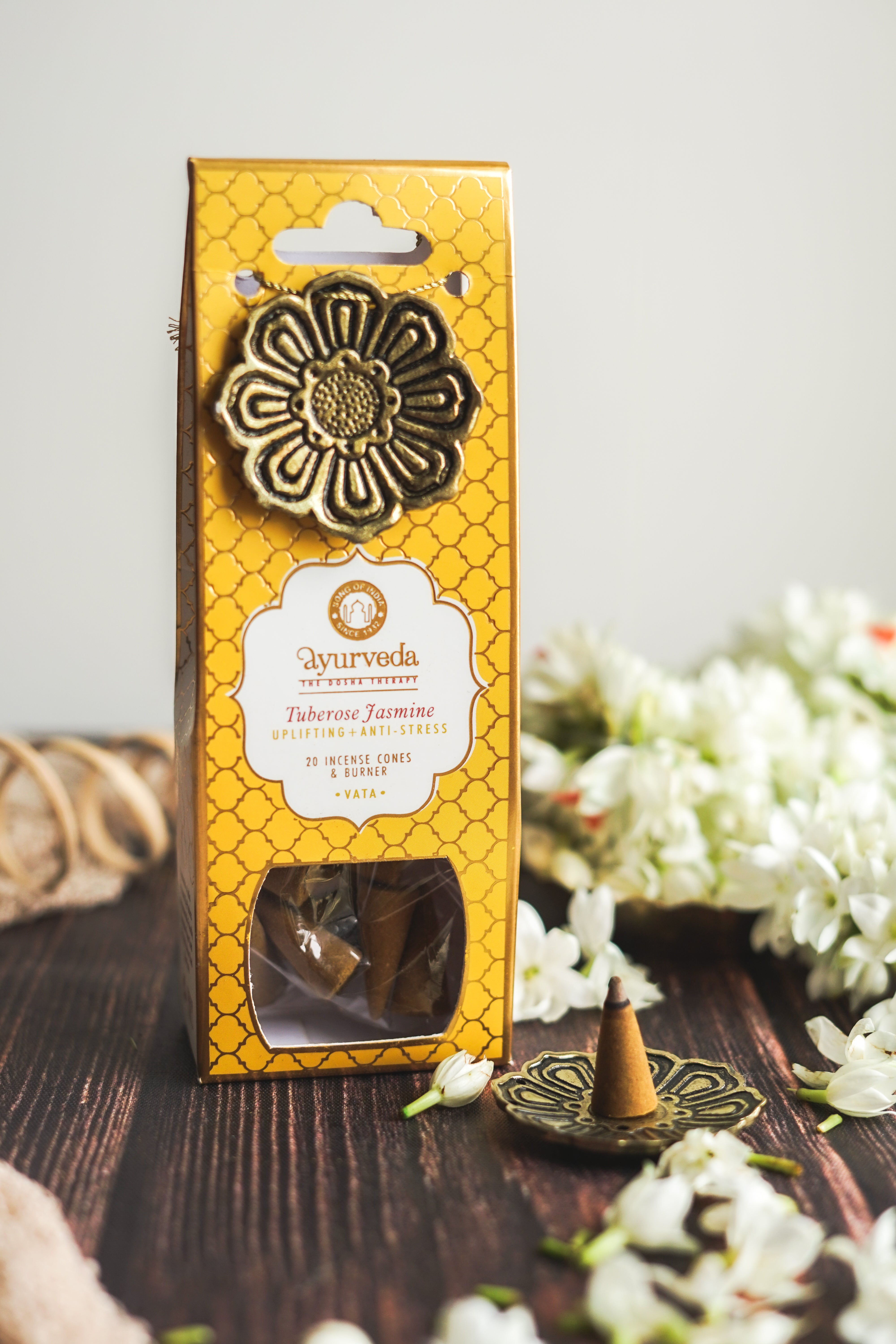 Ayurveda Incense Cone Gift Set – Vata | Tuberose Jasmine | Includes Metal Cone Burner