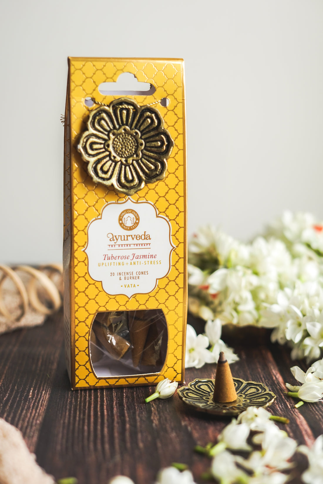Ayurveda Incense Cone Gift Set – Vata | Tuberose Jasmine | Includes Metal Cone Burner