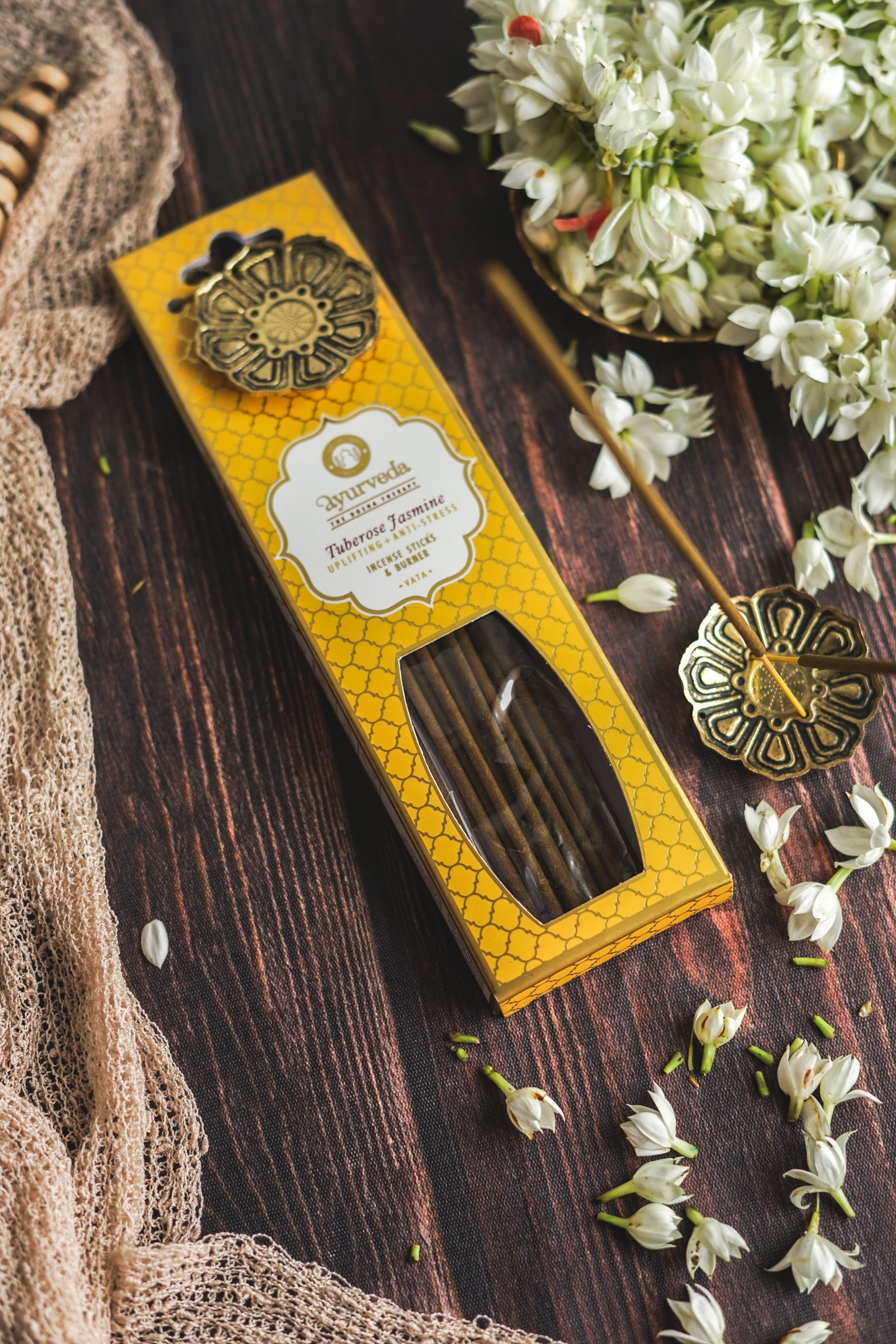 Ayurveda Incense Gift Set – Vata | Tuberose Jasmine | Includes Metal Incense Burner