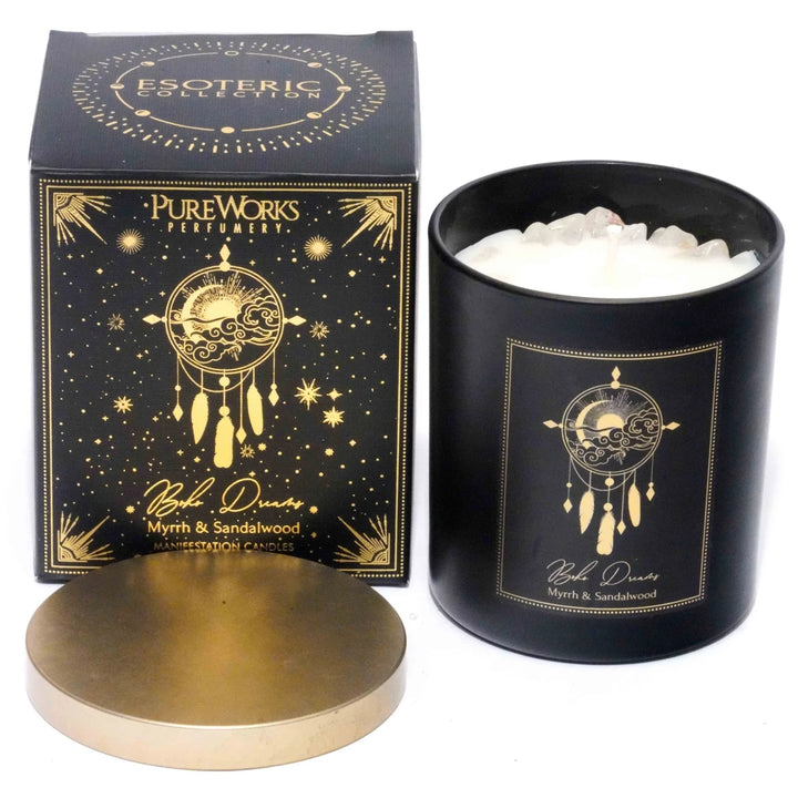 Boho Dreams Esoteric Gem Candle – Myrrh & Sandalwood with Clear Quartz