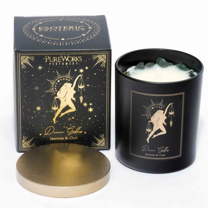 Divine Goddess Esoteric Gem Candle – Jasmine & Oud with Green Jade