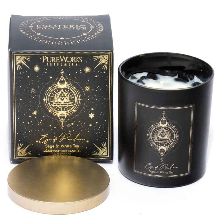 Eye of Providence Esoteric Gem Candle – Sage & White Tea with Black Obsidian
