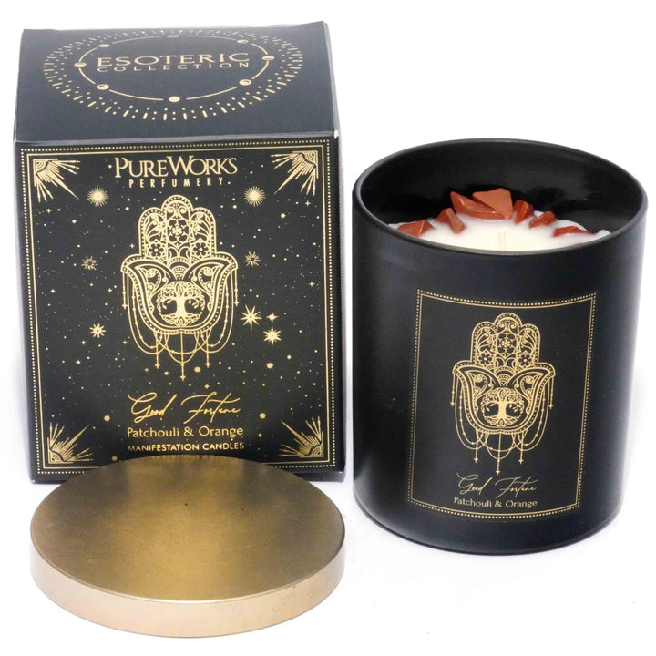 Good Fortune Esoteric Gem Candle – Patchouli & Orange with Red Jasper