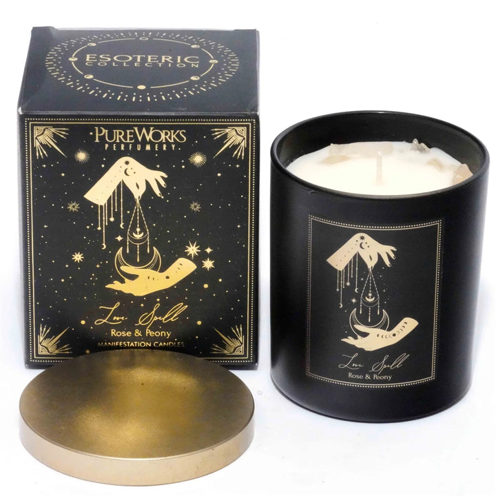Love Spell Esoteric Gem Candle – Rose & Peony with Rose Quartz