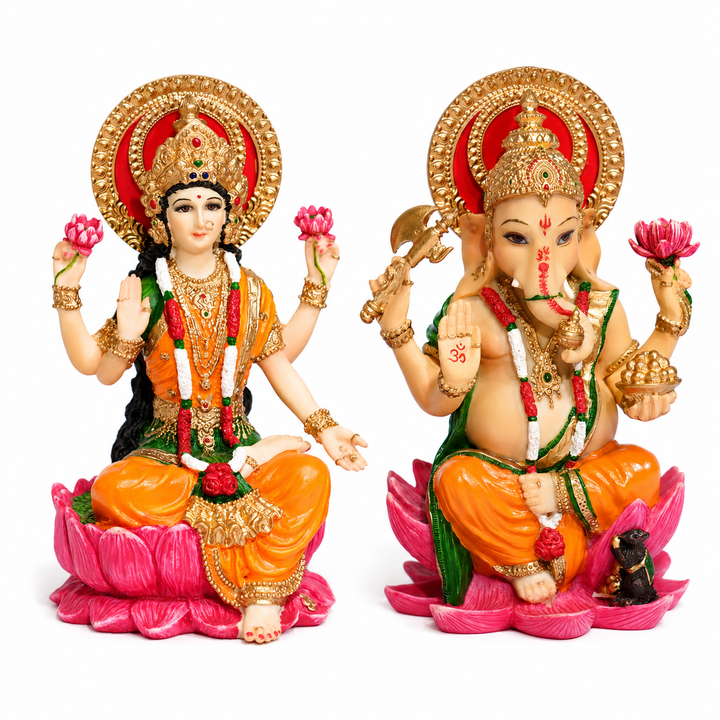 Song of India® Hand-Painted Lakshmi & Ganesha Lotus Figurine Set | Diwali Décor