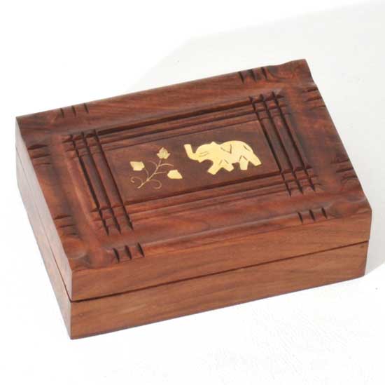 Sheesham Wood Elephant Keepsake Box with Brass Inlay – 7" x 5"