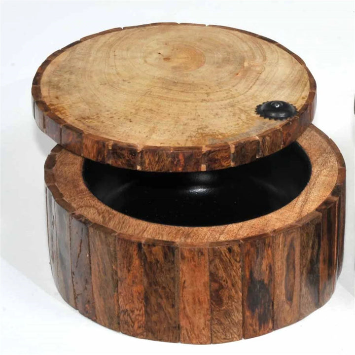 Mango Wood Bark  Round Box - 7"x3"