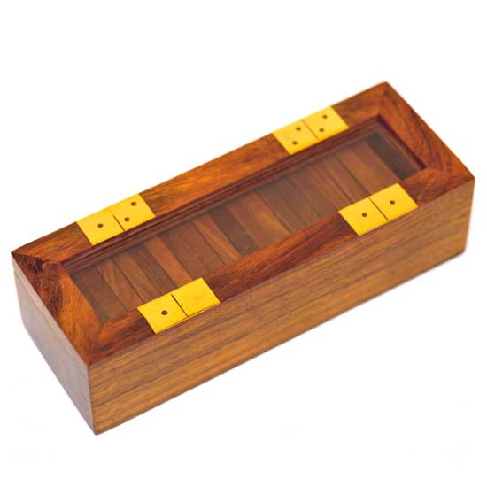 Handcrafted Sheesham Wood Domino Set with Glass Lid Storage Box