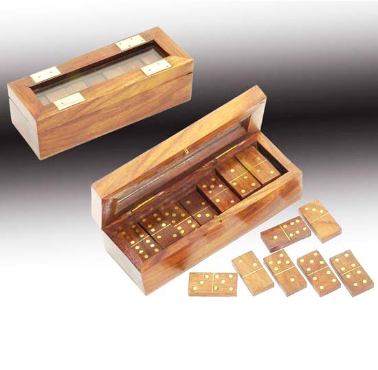 Handcrafted Sheesham Wood Domino Set with Glass Lid Storage Box