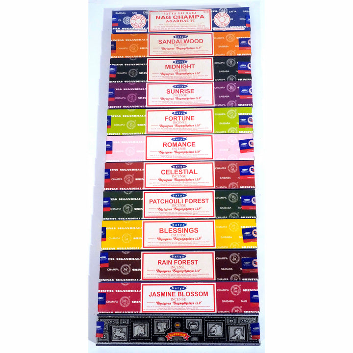 Original Satya Nag Champa Gift Set – 12 Assorted Fragrances (180g Total) 15g each