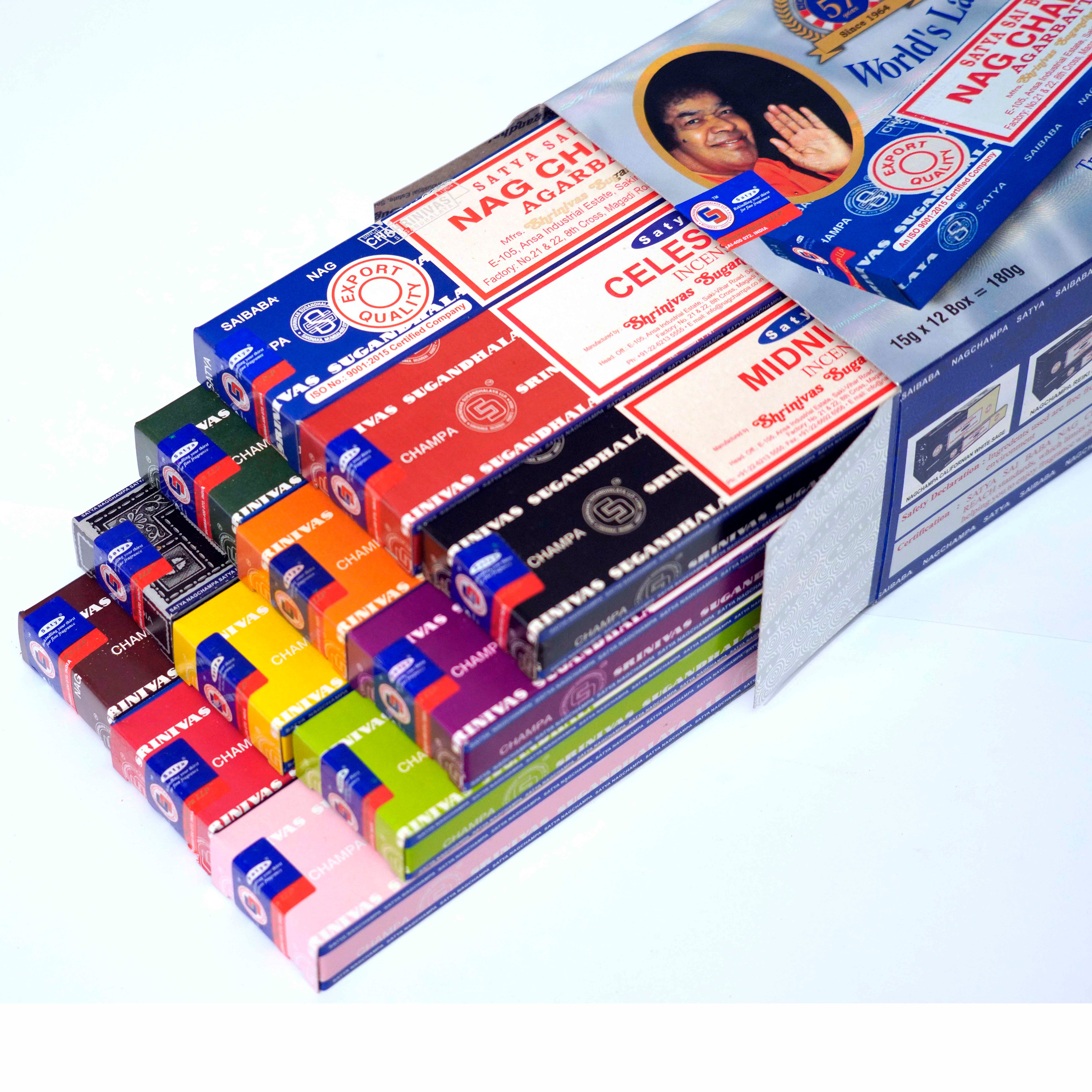 Original Satya Nag Champa Gift Set – 12 Assorted Fragrances (180g Total) 15g each