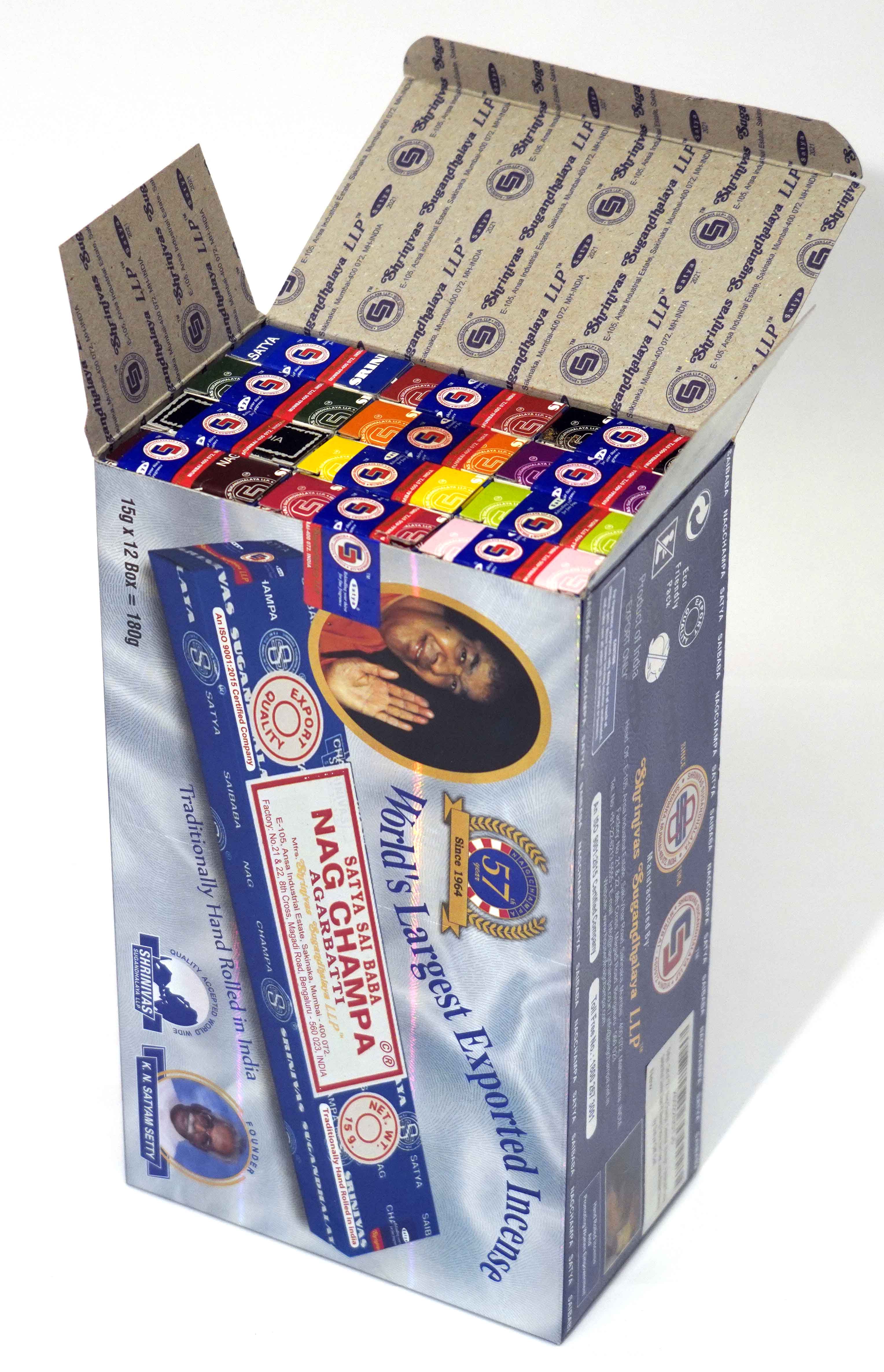 Original Satya Nag Champa Gift Set – 12 Assorted Fragrances (180g Total) 15g each